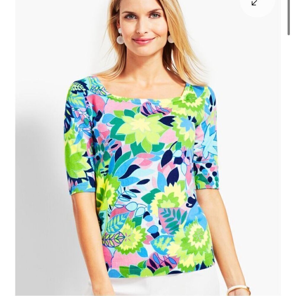 Talbots‎ Tropical Floral Square Neck Elbow Sleeve Sweater Medium